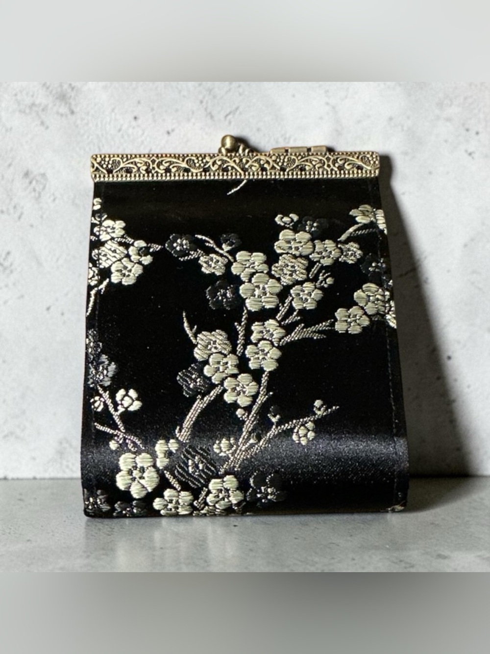 Cathayana Black Brocade Coin Purse Floral Kiss Lock Wallet Vintage Style Clutch